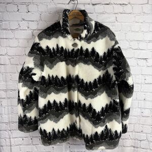 Vintage Oversized Mountain Tree Theme Pinecone Button Fleece Size M/L